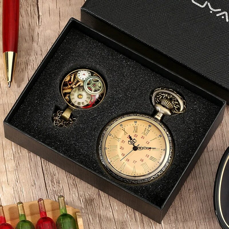 خمر برونزية مزدوجة عرض ساعة جيب كوارتز كبير الهاتفي فوب ساعة بدون غطاء سلسلة بدلاية ساعة قلادة تذكارية هدية