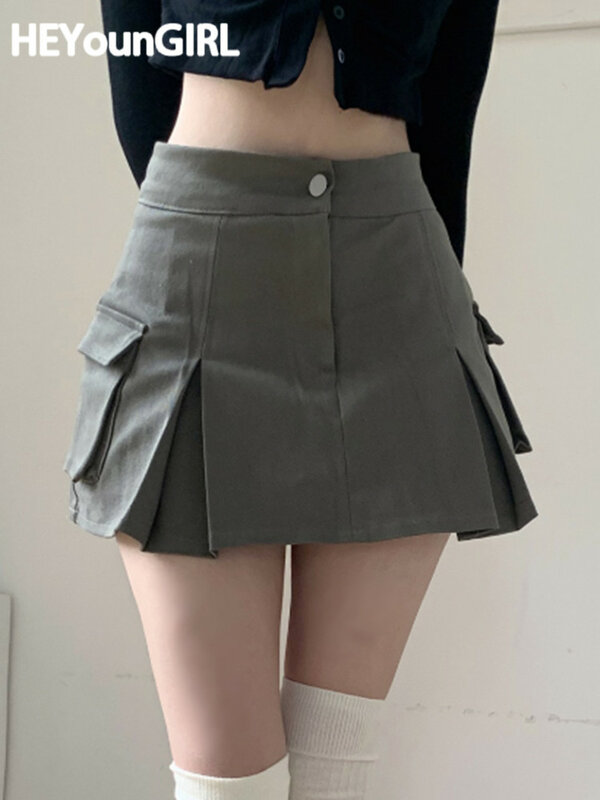 Heyungirl Kawaii النساء الصلبة البضائع تنورة صغيرة نمط Preppy عالية الخصر جينز غير رسمي التنس التنانير الكورية الشارع Y2K تنورة قصيرة