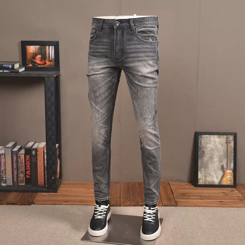 سراويل جينز للرجال على الطراز الإيطالي عالية الجودة بتصميم رصاصي مرن ومناسب وممزق جينز للرجال بتصميم عتيق من قماش الدنيم