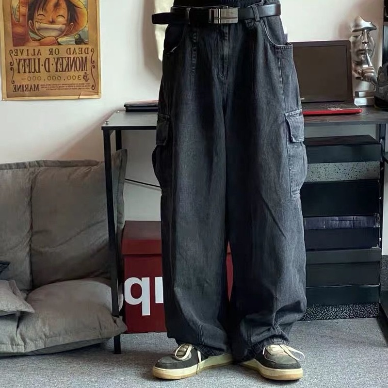 بنطال جينز فضفاض ماركة هوتشو سروال دينم للرجال بنطلون جينز أسود واسع جينز للرجال حجم كبير ملابس الشارع الكورية الهيب هوب هاراجوكو