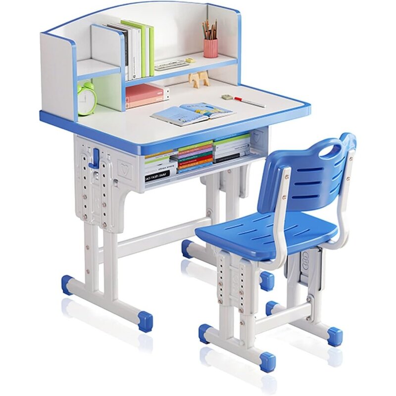 مجموعة طاولة وكرسي للأطفال بارتفاع قابل للتعديل ، تصميم مريح ، مكتب أطفال ، درج تخزين كبير ورف كتب أزرق