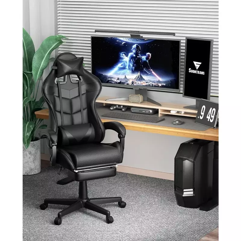 كرسي كمبيوتر مكتبي أسود مريح ، كراسي ألعاب مع مسند للقدمين ، كرسي متحرك ، مسند ظهر مريح ، عجلات مستلق
