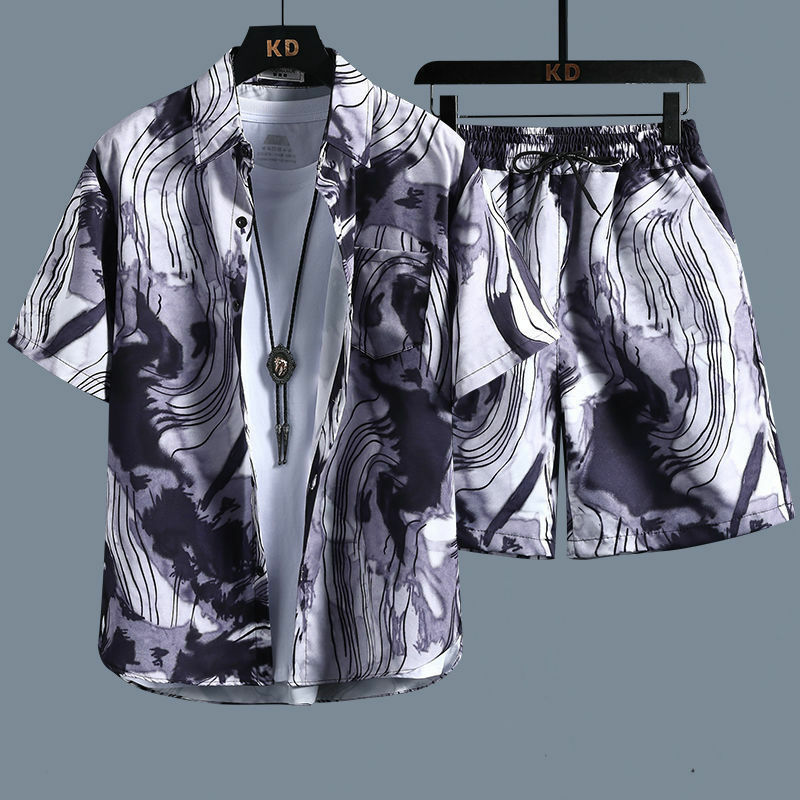 【M-3XL 】 مجموعة قميص رجالي جديد مطبوع ، شورتات عصرية عالية الجودة ، بلوزة غير رسمية بنمط هاواي ، طقم قميص صيفي للشاطئ
