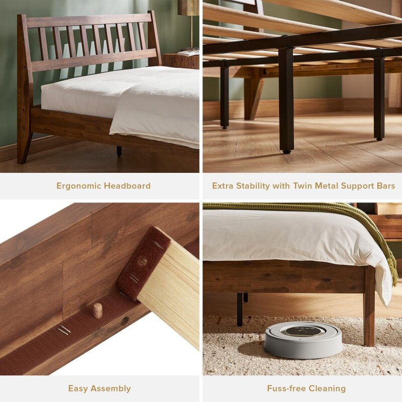 إطار سرير الأم-الملكة مع لوح أمامي ، منصة خشب مصمت من السنط الحديث في منتصف القرن ، شرائح سرير خشبي ، بدون صندوق