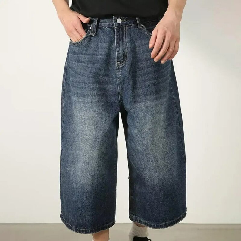جينز رجالي صيفي قصير ، لون متدرج ، ساق واسعة ، زر ، إغلاق بسحاب ، متوسط الارتفاع ، ملابس الشارع