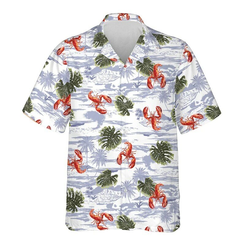 قمصان هاواي المطبوعة ثلاثية الأبعاد على شكل جراد البحر للرجال ، أزياء هاراجاك ، قمم الشاطئ قصيرة الأكمام ، ملابس الزهور العتيقة