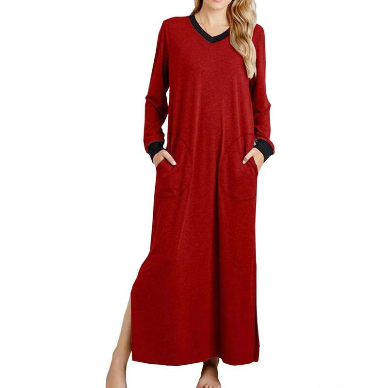 فستان ليلي قطني للنساء ، رداء فضفاض ، كم طويل ، رقبة على شكل حرف V ، ثوب نوم نسائي منقسم ، ملابس نوم ناعمة ، ملابس نوم كلاسيكية