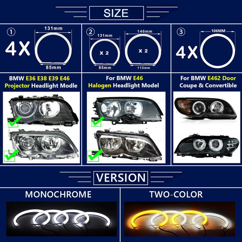 مصباح سيارة قطني مزدوج اللون ، حلقة هالو LED ، أبيض ، أصفر ، 4X131MM ، لسيارات BMW E36 ، E38 ، E39 ، E46 ، M3 ، SMD LED ، عيون الملاك