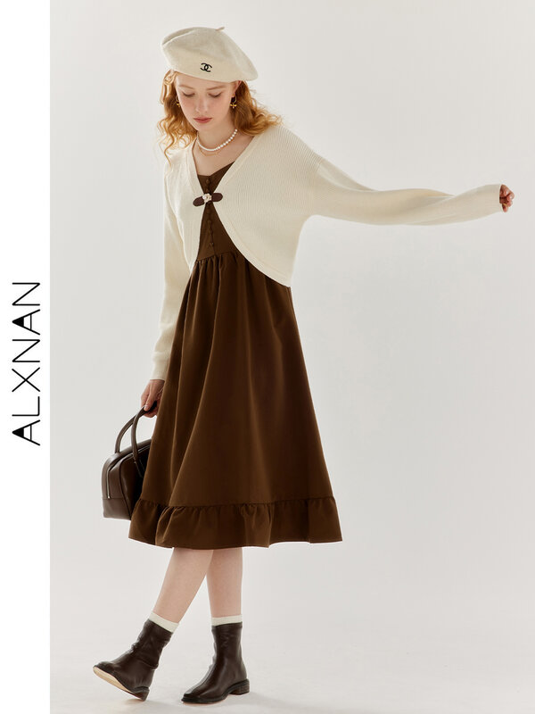 فستان ALXNAN للنساء بحمالات ، بدلة من قطعتين ، تصميم فرنسي ، كارديجان قصير محبوك ، مزاجه ، ملابس غير رسمية ، تباع منفصلة ، TM00805