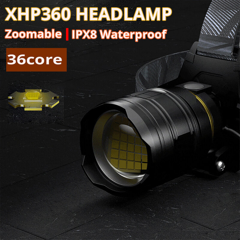 أقوى XHP360 36 الأساسية LED كشافات usb 18650 قابلة للشحن مقاوم للماء التخييم مصباح يدوي زوومابلي رئيس ضوء الصيد الخفيفة