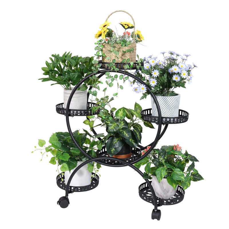 6 وعاء نبات معدن حامل متعدد الطبقات حامل النبات رف أحواض زهور مع عجلات لحديقة ساحة داخلي في الهواء الطلق