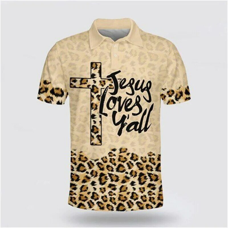قميص بولو للرجال من Jesus ، مطبوع ثلاثي الأبعاد ، دين ، خمر ، أكمام قصيرة ، توب بطية صدر ، ملابس صيفية للرجال ، بلوفر كبير الحجم