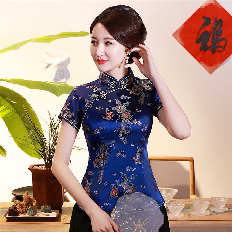 بورجوندي الصينية الحرير رايون تانغ الملابس التنين فينيكس المرأة قميص بلايز الخامس الرقبة بلوزة Vintage هان فو أعلى حجم كبير 3XL 4XL