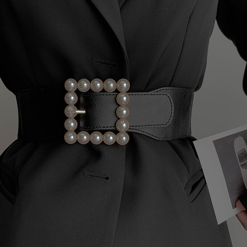 المرأة بولي Leather حزام من الجلد مع اللؤلؤ المعدني مشبك ، حزام ، حزام الخصر مرنة ، نمط Ins ، حزام سترة ، فستان ، ملحق الزخرفية ، والأزياء