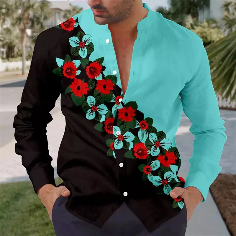 قميص رجالي بطبعة زهور ثلاثية الأبعاد ، أكمام طويلة ، ياقة قائمة ، ملابس عطلة صيفية ، جودة عالية