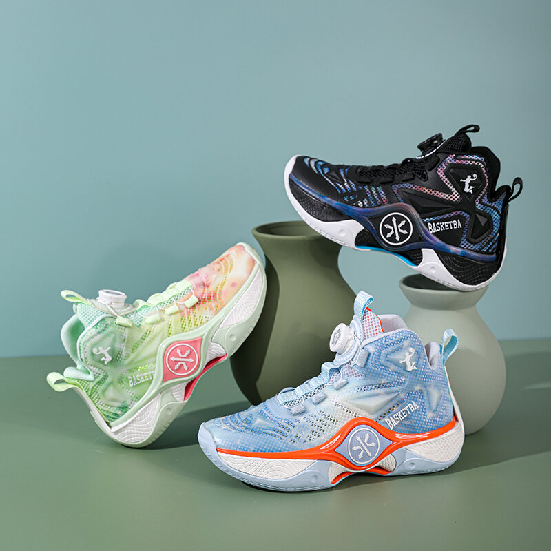 أحذية كرة سلة للأطفال بإبزيم دوار ، أحذية رياضية متوهجة من شبكة واحدة للأولاد ، مضادة للانزلاق ، موضة خارجية ، جودة عالية ، الصيف ،