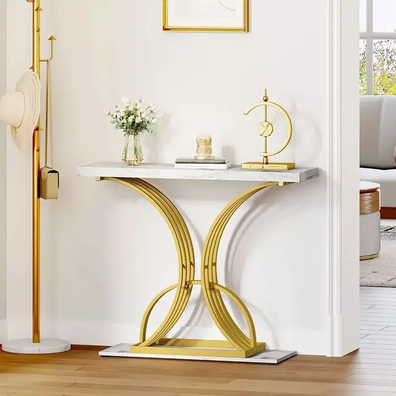 طاولة كونسول ضيقة مع سطح رخامي صناعي ، طاولة جانبية لمدخل مدخل غرفة المعيشة ، ذهبية ، 40 بوصة