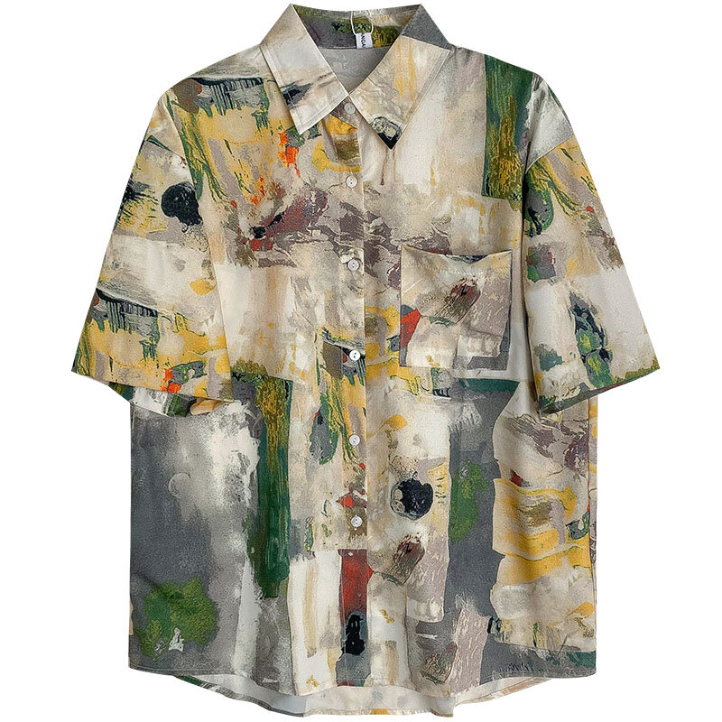 قميص نسائي كوري مطبوع بأكمام قصيرة ، ياقة مطوية كلاسيكية ، صدر واحد ، بلوزات غير رسمية للسيدات ، شاطئ ، قمة للعطلات