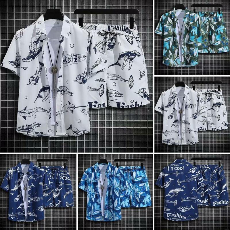 طقم ملابس على الطراز الرجالي ، قميص منقوش ، شورت برباط مرن ، زي شاطئ للرجال ، طقم هاواي 2 ، الصيف