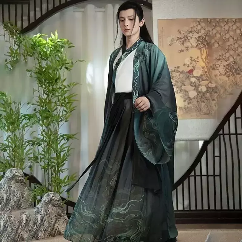 هانفو صيني تقليدي مطبوع للرجال ، حجم كبير ، 2XL ، ملابس تنكرية هالوين للذكور ، أبيض وأخضر متدرج ، 3 مجموعات
