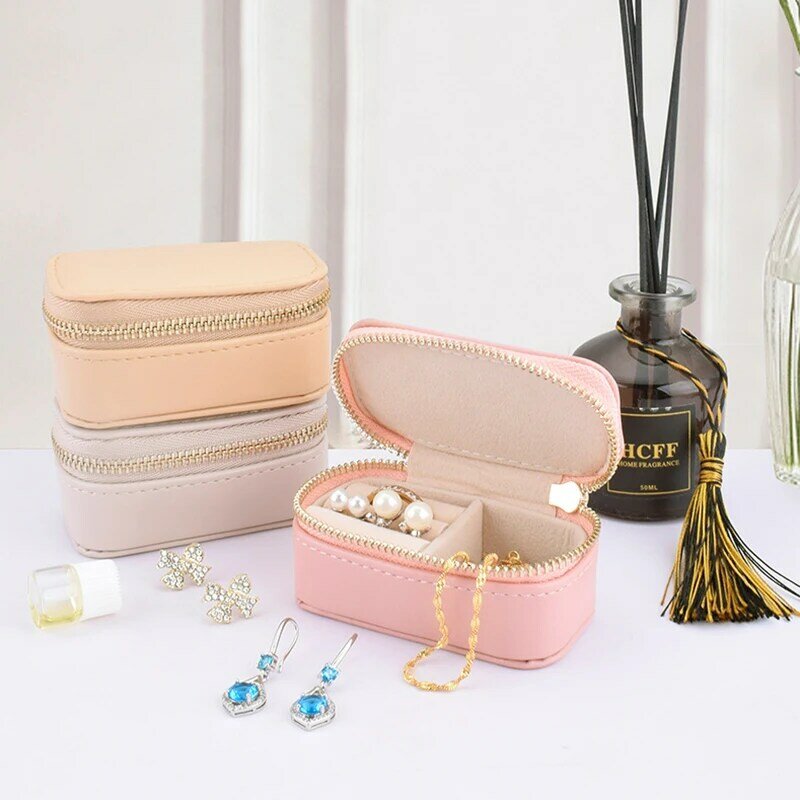 صندوق تخزين مجوهرات صغير مع سحاب ، منظم قلادة أقراط من طبقة واحدة ، حقيبة سفر محمولة ، لون الحلوى