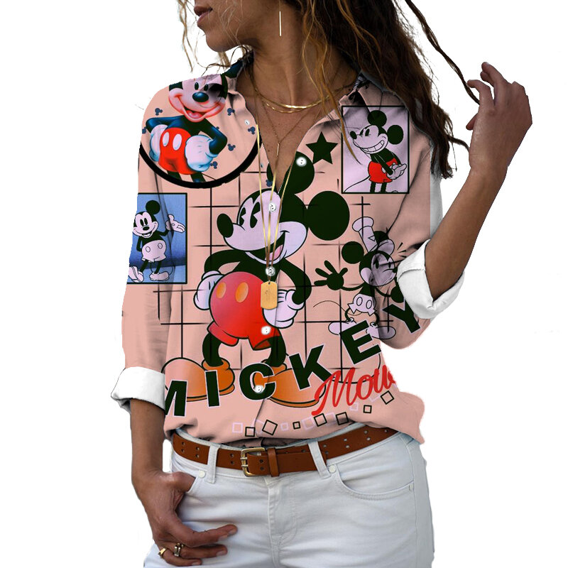 قميص جديد موديل 2022 ماركة ديزني هاراجوكو بمقاس ضيق ومطبوع ثلاثي الأبعاد للنساء بأزرار وأكمام طويلة بتصميم ميكي وميني ودونالد داك y2k