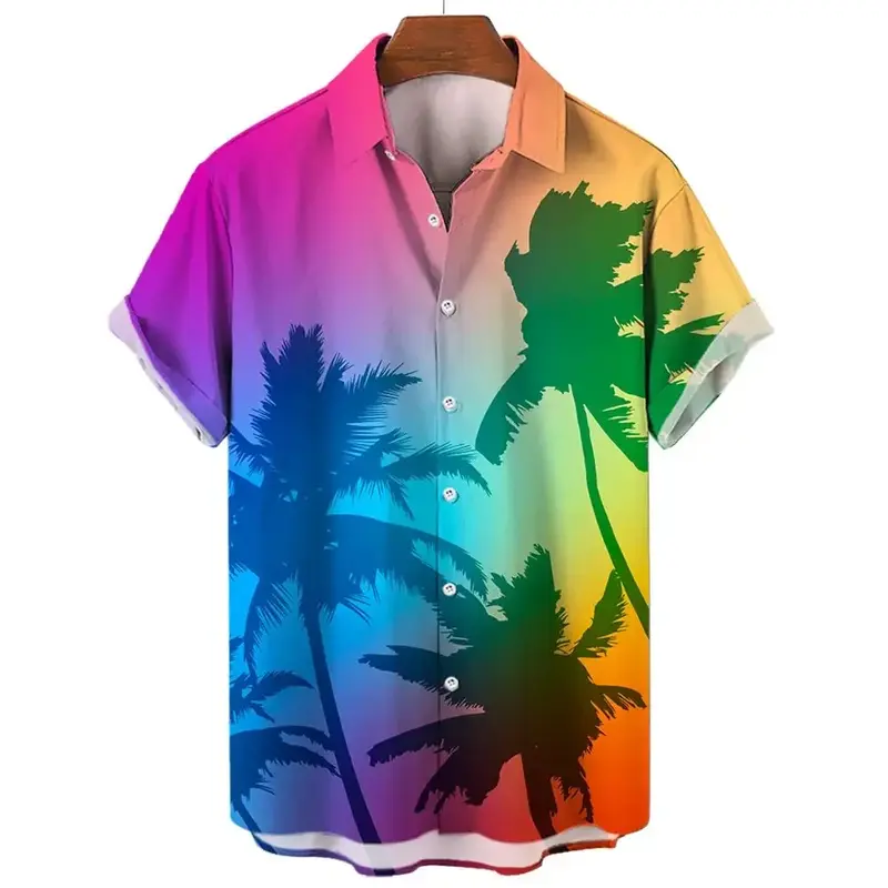 قميص هاواي بطية صدر قصيرة الأكمام للرجال ، نمط متدرج ، ياقة بأزرار ، قميص فضفاض غير رسمي للشارع ، الصيف