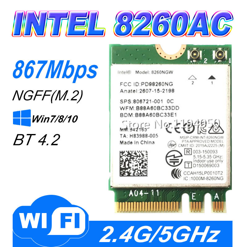 بطاقة Intel Dual Band Wireless-AC 8260 ، بطاقة intel 8260NGW NGFF Wwifi 867Mbps 2.4/5GHz 802.11a/b/g/n/ac ، Bluetooth 4.2