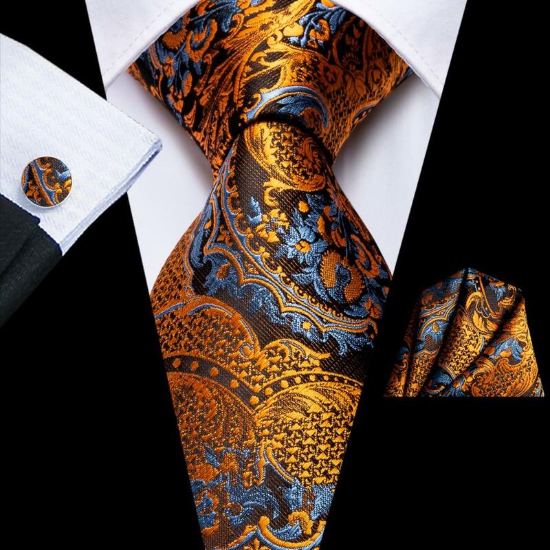 Hi-Tie-ربطة عنق فاخرة من الحرير 100% للرجال ، بنمط زهور ، لون ذهبي وأسود ، أزرار أكمام مربعة بجيب ، لحفلات الزفاف