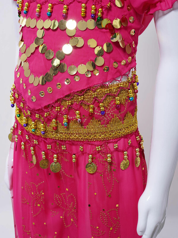 ملابس الرقص الشرقي للفتيات ، أميرة الهند ، شرابات قصيرة الأكمام ، قمة قصيرة مع البنطلون ، السراويل ، سلسلة الخصر ، زي الأداء للأطفال