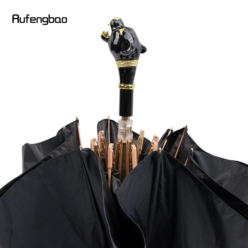 مظلة بمقبض فهد أسود للرجال والنساء ، مظلة أوتوماتيكية ، قابلة للطي ، حماية من أشعة فوق بنفطية ، للأيام المشمسة والممطرة