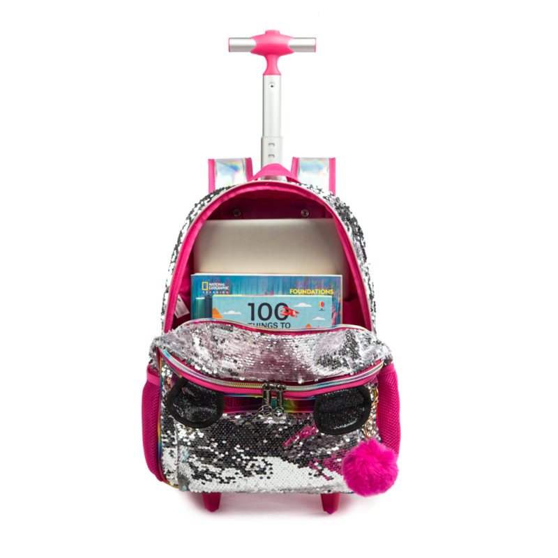 BIKAB الباندا المتداول على ظهره للفتيات حقائب الظهر مع عجلات للمدرسة الابتدائية حقيبة عربة الرحلات الأمتعة مع صندوق الغداء