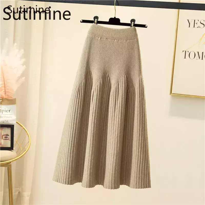 Sutimine-تنورات نسائية شتوية بطول منتصف الساق ، أزياء كورية ، تنورة سوداء أنيقة ذات ثنيات مرنة ، كلاسيكية