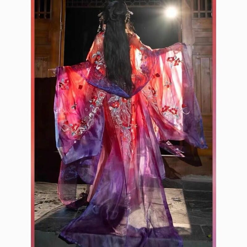 هانفو تنورة مطرزة مطوي للنساء ، تانغ ثوب طويل ، أكمام كبيرة ، فستان صيفي ، صباغة بالألوان الأساسية ، النمط الصيني التقليدي