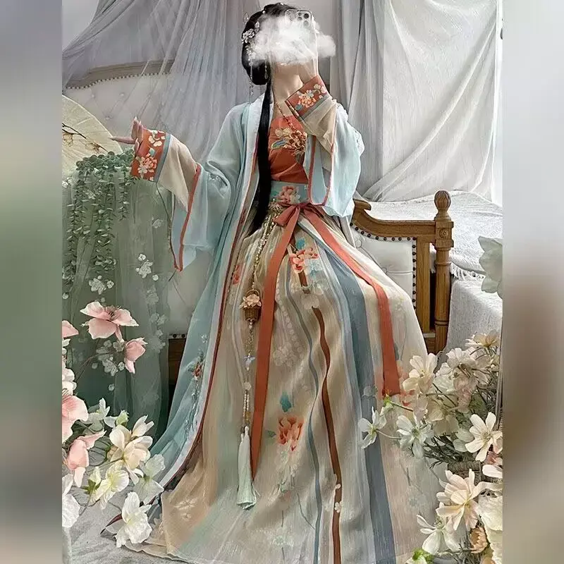 فستان هانفو الصيني التقليدي المطرز للنساء ، زي تنكري خرافي ، بيج وأزرق ، مجموعات قديمة ، مقاس كبير ، XL