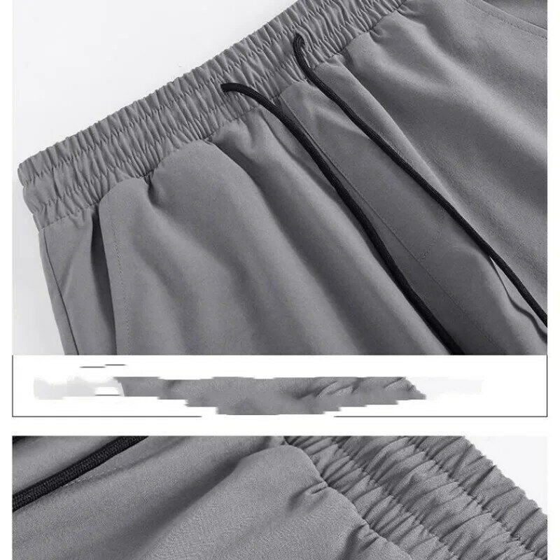سراويل مستقيمة فضفاضة كاجوال للرجال ، خصر مرن ، رباط ، قماش حرير ثلجي ، ساق واسعة ، بسيطة ، أحادية اللون ، جيوب ، صيف