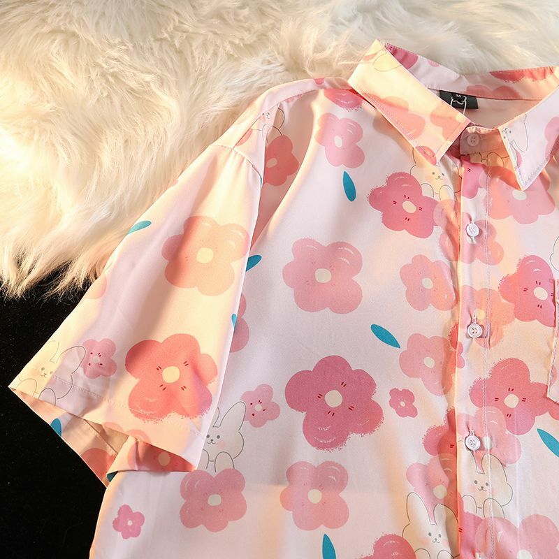 قميص نسائي بأكمام قصيرة ، موضة هاراجاكو يابانية ، قميص كاواي ، توب وردي بزهرة ، كبير الحجم ، صيف ، جديد ، ، ، ، ، من XEJ