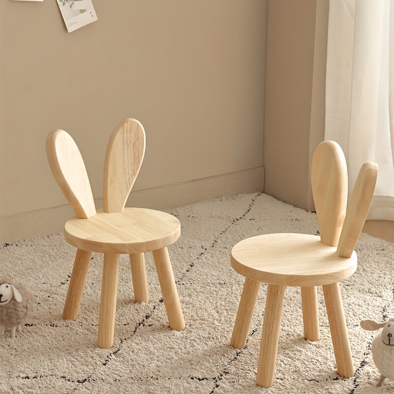 كرسي خشبي صلب صغير مع آذان أرنب للأطفال ، كرسي مزخرف ، إبداعي ، لطيف