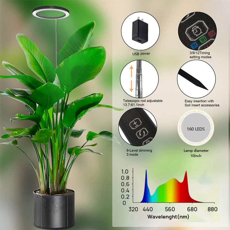 حلقة LED قابلة للتعديل تنمو أضواء للنباتات الداخلية ، الطيف الكامل ، ضوء النبات الكبير للنباتات الداخلية ، مصباح تزايد الارتفاع ، USB ، 10"