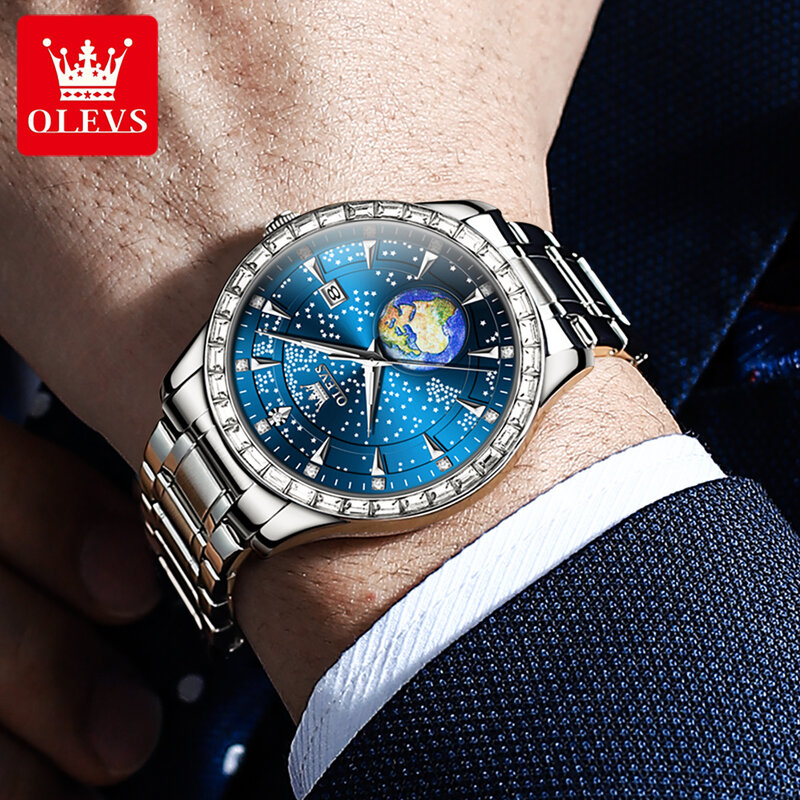 ساعة أوليف-ساعة فولاذية كاملة للرجال ، كوكب أزرق ، ساعة يد كوارتز أرضية مبتكرة ، ساعة رياضية ، موضة