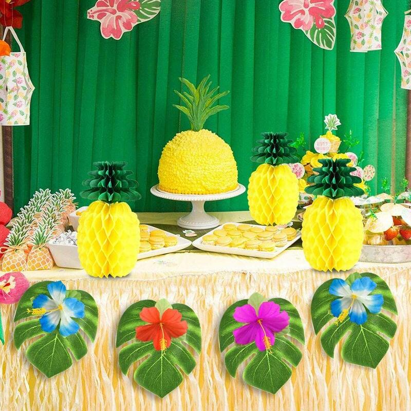 99 قطعة طقم زينة حفلات هاواي الاستوائية مع زهور الكركديه الحريرية أوراق النخيل الأناناس مظلة صغيرة القبعات العالية
