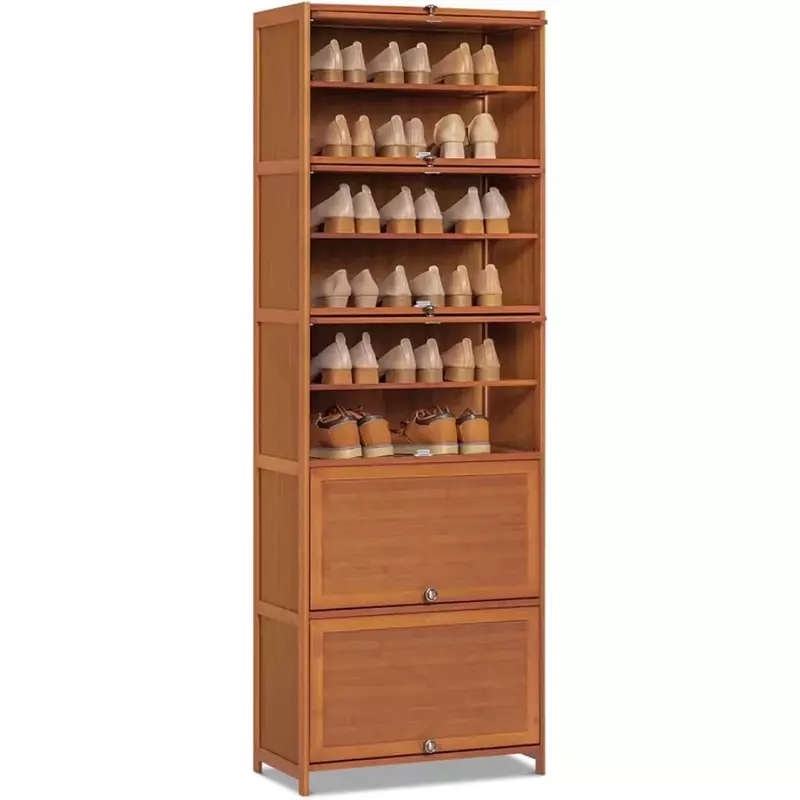 خزانة تخزين أحذية طويلة من الخيزران مع باب ، حذاء قائم بذاته 10 طبقات ، رف أحذية رياضية بكعب عالٍ لـ 26-30 زوجًا ، بني