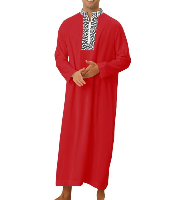 ملابس رجالية إسلامية موضة 2023 بأكمام طويلة ورقبة على شكل v أسود ورمادي وأحمر ومطبوعة من البوليستر ملابس رجالية إسلامية عباية إسلامية