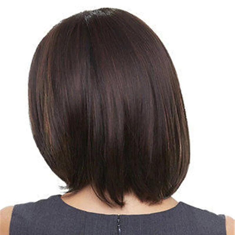 طول الكتف براون بوب مقاومة للحرارة الألياف الشعر المستعار للنساء الاصطناعية شعر مستعار مستقيم مع الانفجارات
