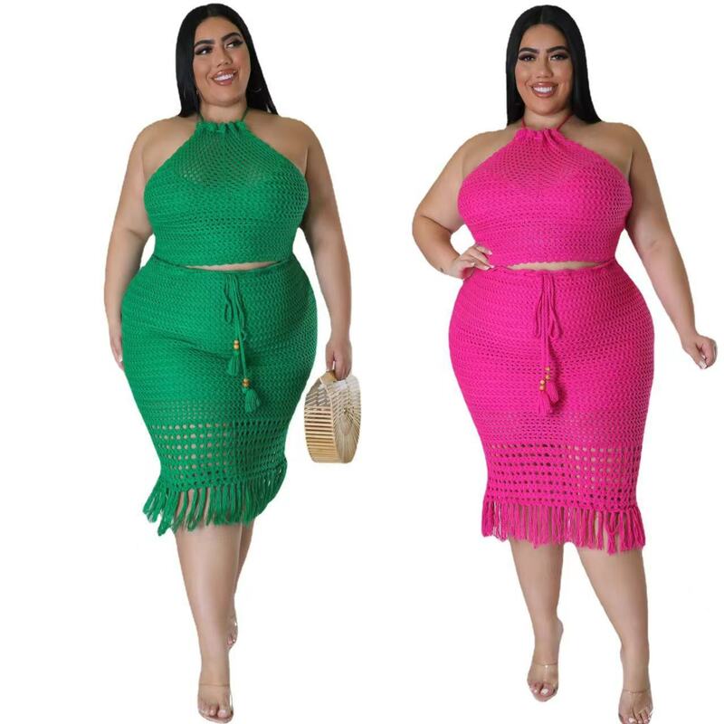 Plus Size Knitted Crochet Tassel Two Piece Skirt Set Halter Crop Top Long Skirt 2 Piece Skirts Set Summer Women Clothes Beach
