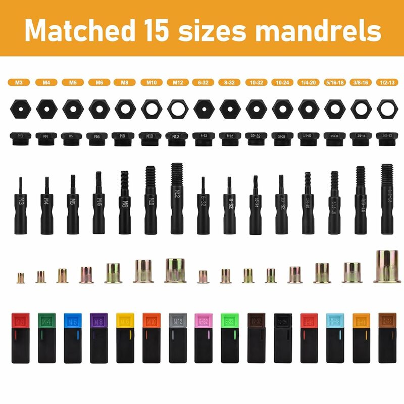 مجموعة أدوات مكسرات برشام ، مجموعة أدوات يدوية برشام برشام مع 15 مترًا ومفارش لولبية ، M3 إلى M12 ، 6-32 إلى-13 ، 16 بوصة