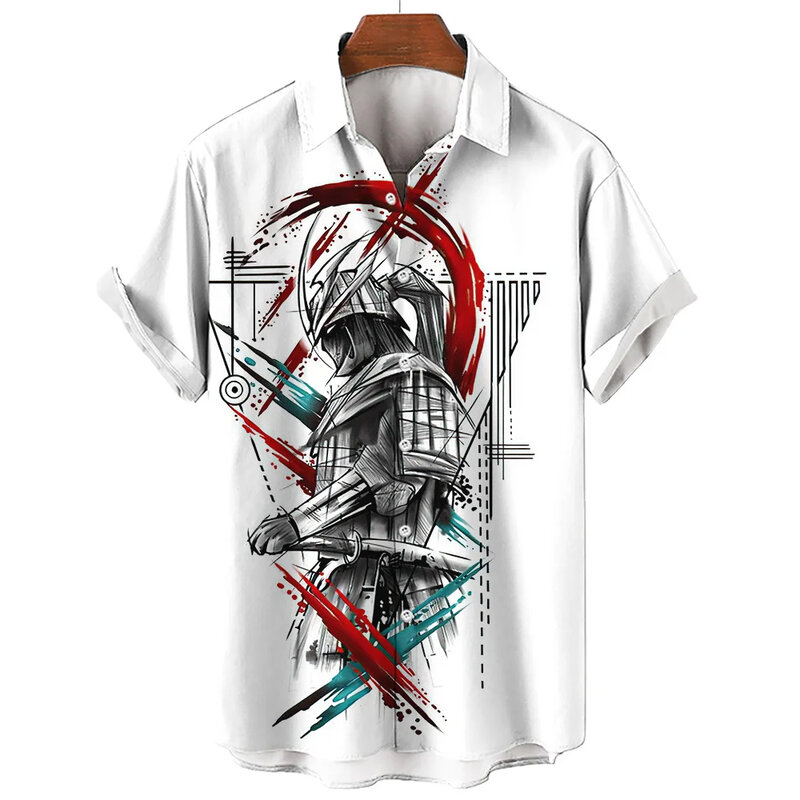 قميص هاواي خمر للرجال ، الساموراي الياباني ، قمم قصيرة الأكمام ، بلوزة اجتماعية ، ملابس الشارع هاراجاو ، ملابس ثلاثية الأبعاد ، الصيف