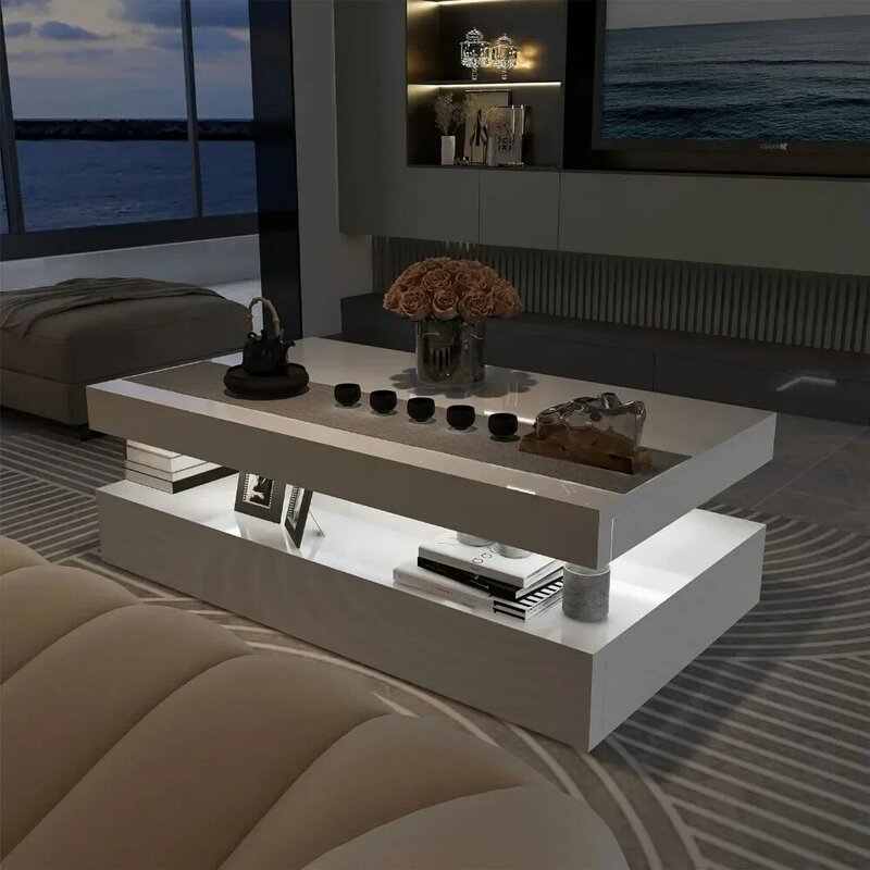 طاولة قهوة حديثة عالية اللمعان مع ضوء LED RGB ، طاولة قهوة خشبية مستطيلة لغرفة المعيشة ، طاولات بجهاز تحكم عن بعد ، بيضاء