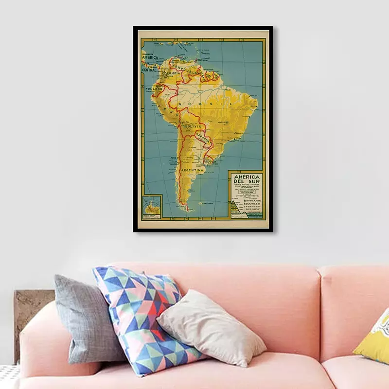 60*90 سنتيمتر Vintage خريطة أمريكا الجنوبية الجدار ملصق فني Prints غير المنسوجة قماش اللوحة ديكور المنزل اللوازم المدرسية