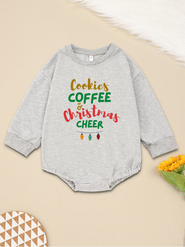 بيبي كوكيز القهوة و عيد الميلاد ارتداءها ، مضحك و لطيف ، كم طويل ، رمادي بذلة للطفل ، صبي و فتاة ، ملابس المنزل ، الشتاء